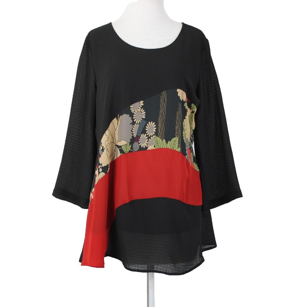 Lindi $129 Sz S Black Red Multi Color Sheer Tunic 100% Polyester Top